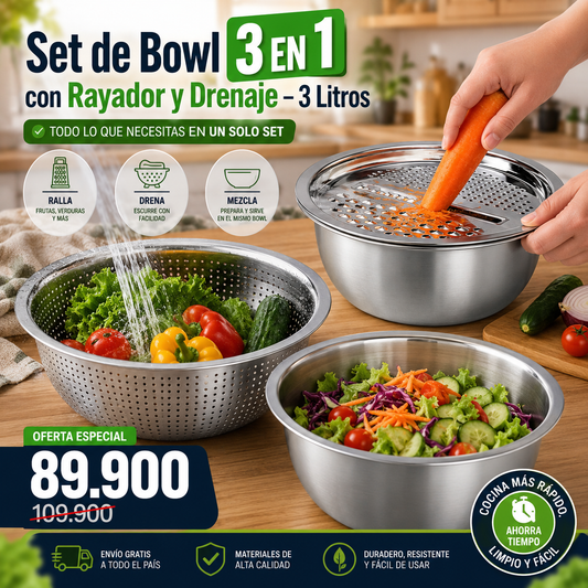 Set de Bowl 3 En 1 con Rayador y Drenaje – 3 Litros 🥗✨